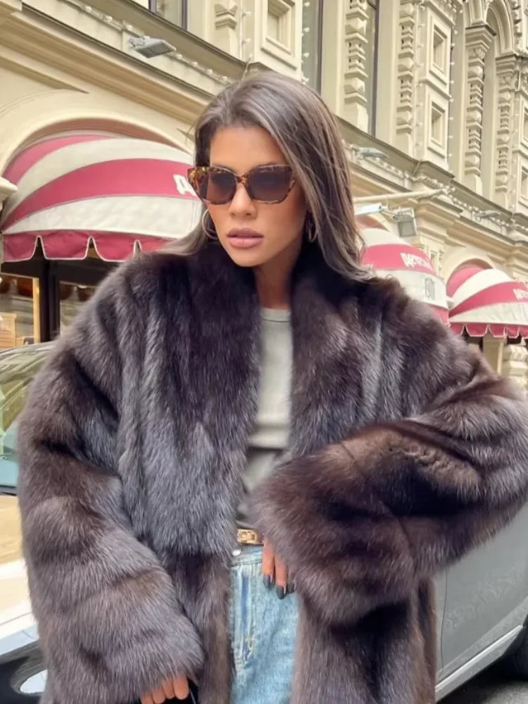 Women Thick Faux Fur Coat Lapel Hidden Button Loose  elegant lady Outerwear 2025 Fashion Female Street Commute Overcoat New
