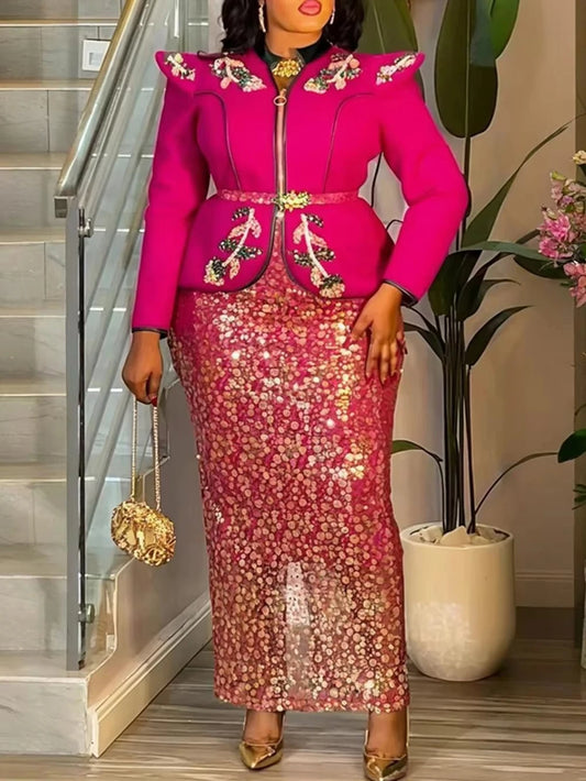 2026 African Dresses For Women Plus Size 2 PCS Set Clothing Tops And Skirt Suit Luxury Sequin Party Evening Gown Turkey Outfits