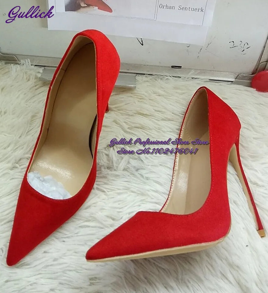 Gullick Women Hot Pink Suede High Heel Shoes 12Cm 10Cm 8Cm Stilettos Slip-On Pointed Toe Wedding Shoes Shallow Pumps Size45