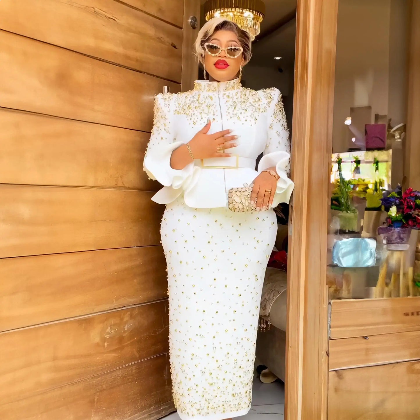Fashion Suit African Dresses for Woman Rhinestone Turkey Dresses for Women Luxury High Quality Mesh Fabric African Beaded Dress