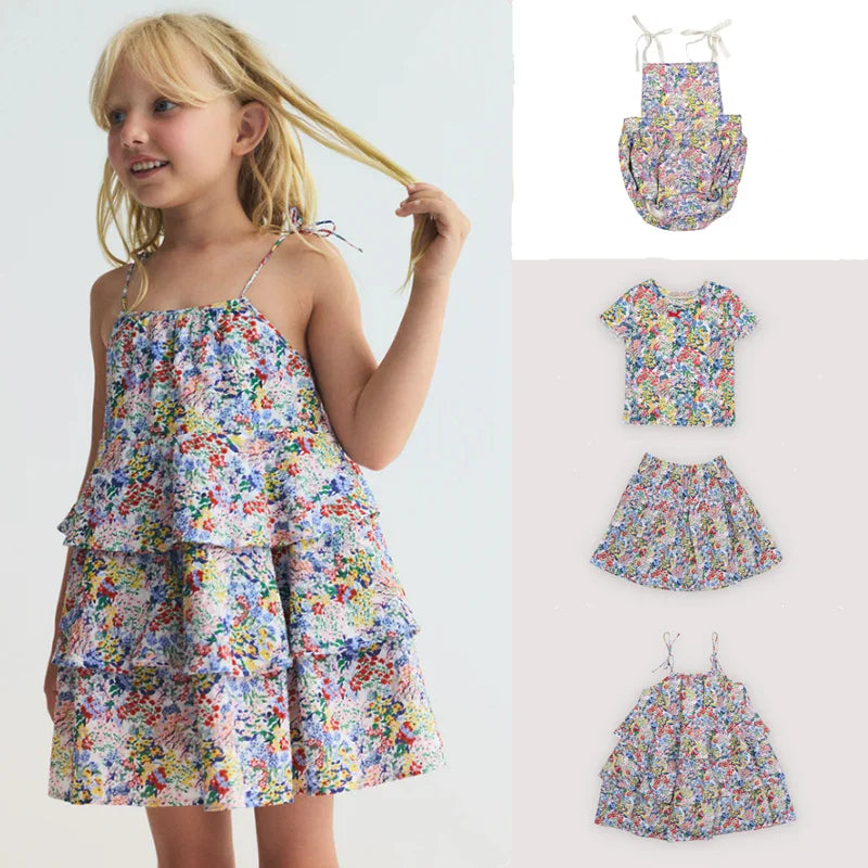 Baby Rompers Jumpers 2026 Summer Verbena Print Girl Dress Short Sleeve Tee and Short Set Sisters Skirt Clothing