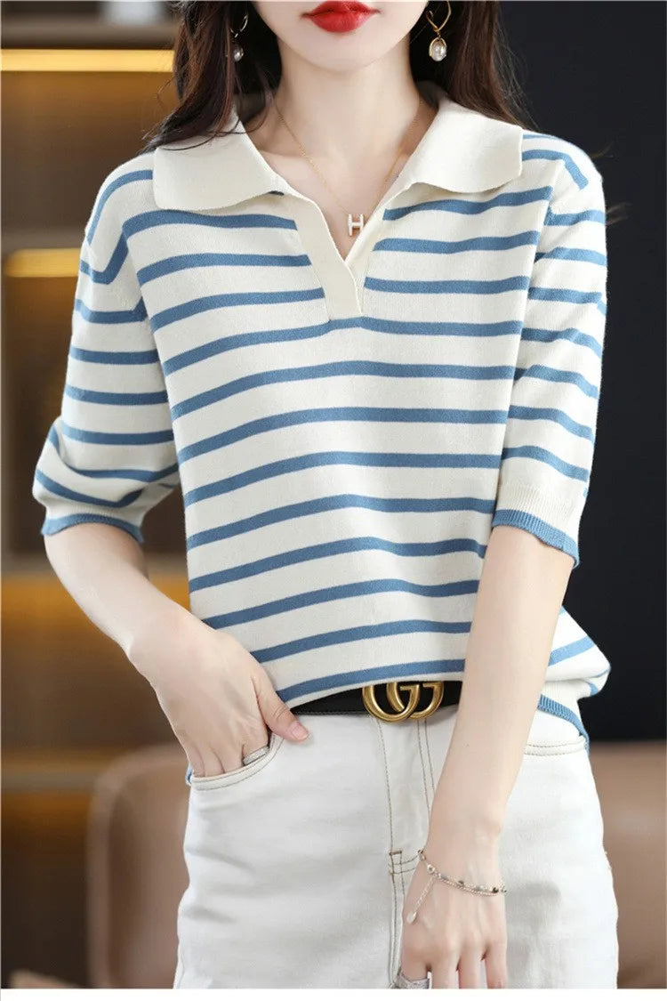 WinvyNee Summer Short Sleeved Women's Solid Polo Shirt Casual Cotton Striped Top T-shirt Women Clothing Casual Knitted A1002001