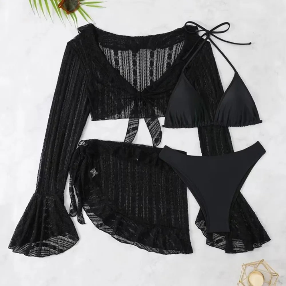 4Pcs/Set Fashion Summer Women Swimsuit Long-sleeve Party Cover-up Swimwear Vacation Casual Brazilian Beachwear for Women