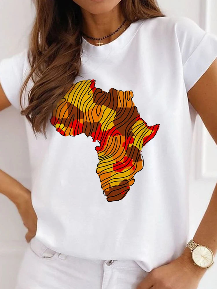 New African Funny Ladies Clothes Casual Short Sleeve Tshirt T Shirt O-neck Loose Summer White Tee Top Print Camisetas De Mujer