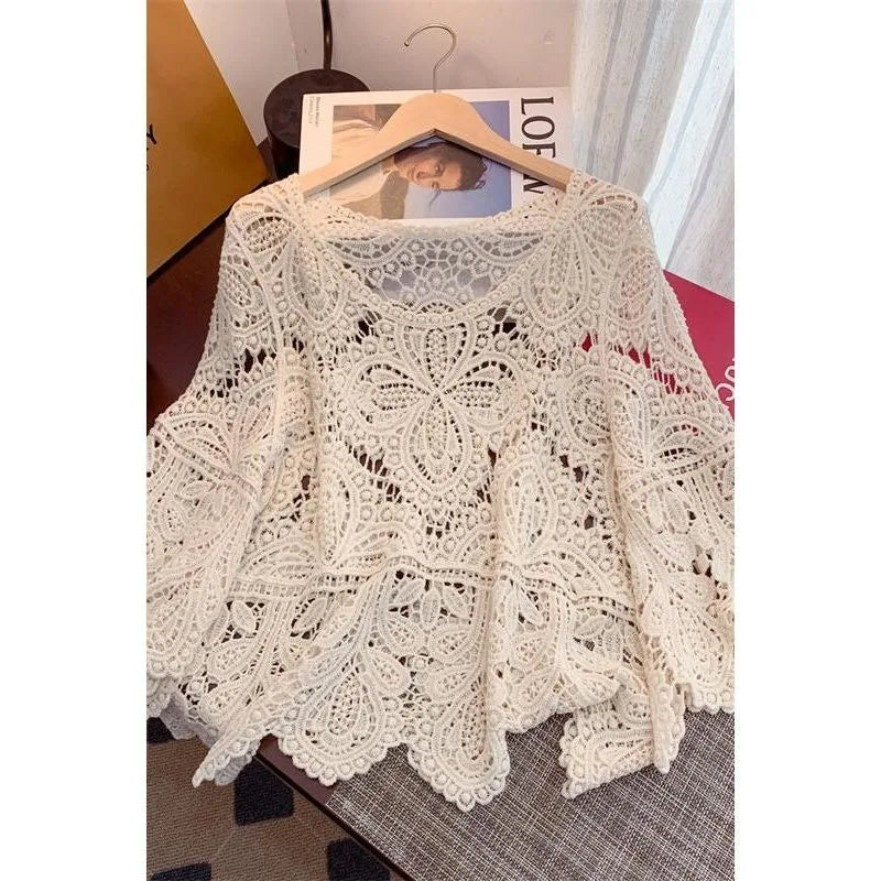 2024 Summr New Versatile Retro Sweet Lace Cut-out Crochet Shawl Cropped Top Summer Three Quarter-sleeve Hollow Out Top