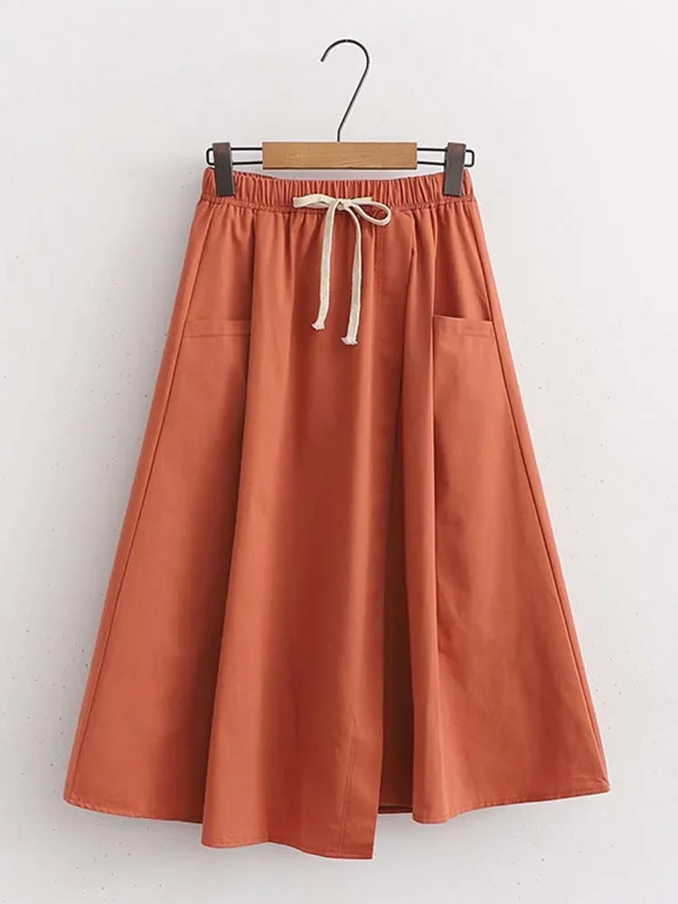 Elegant Vintage Women Skirt Summer Korean Style Solid Elastic High Waist Midi Long Skirt With Belt Female Office Ladies Wear