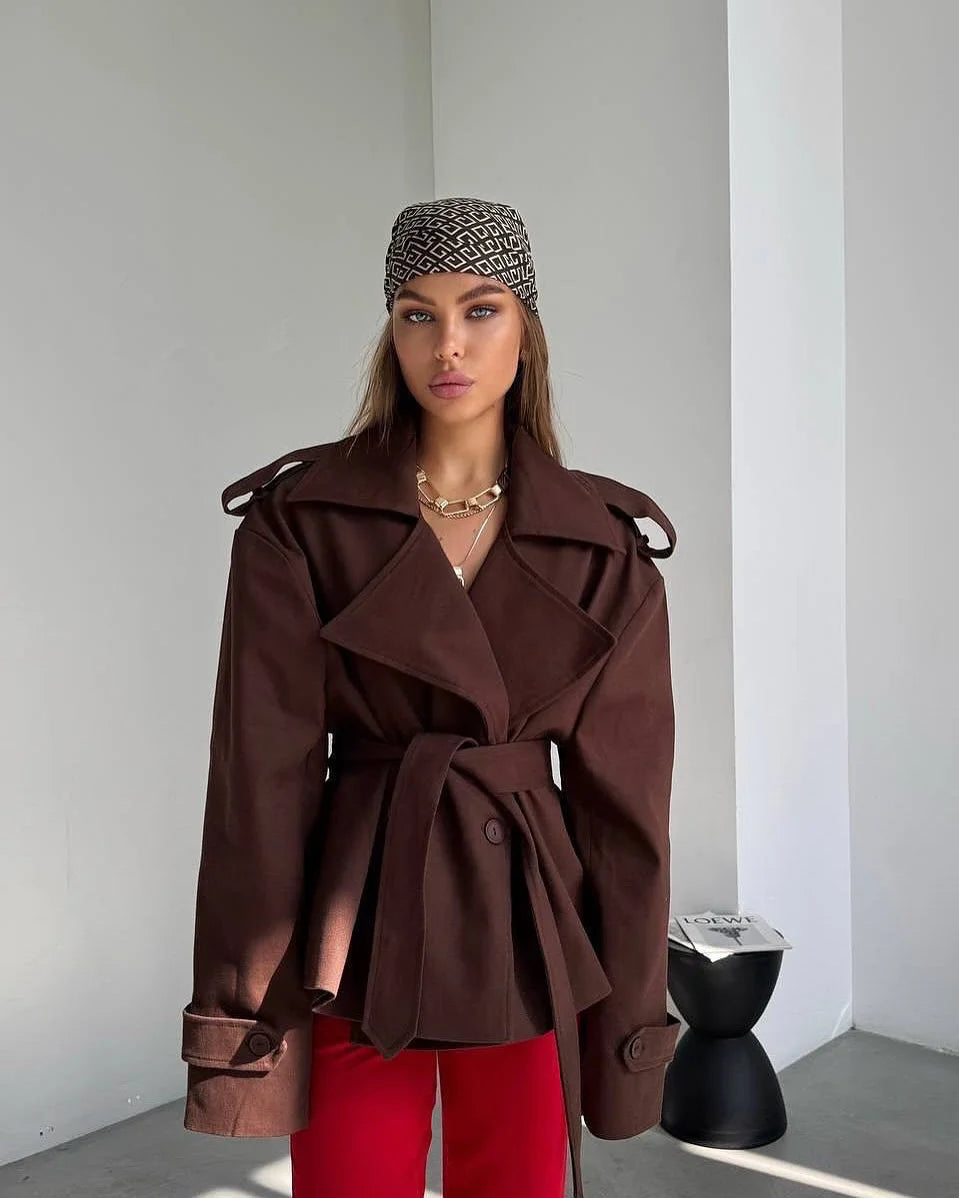 Lace Up Cropped Trench Coat Fashion Women Lapel Long Sleeves Wide Shoulder Windbreaker Jacket Lady 2026 Spring Commuting Outwear
