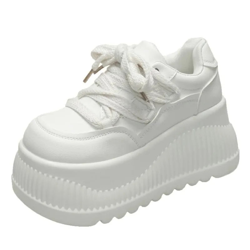 8.5CM New Synthetic Microfiber Leather Women Platform Wedge Ladies Chunky Sneakers 2024 High Brand Fashion Vulcanize Pumps Shoes