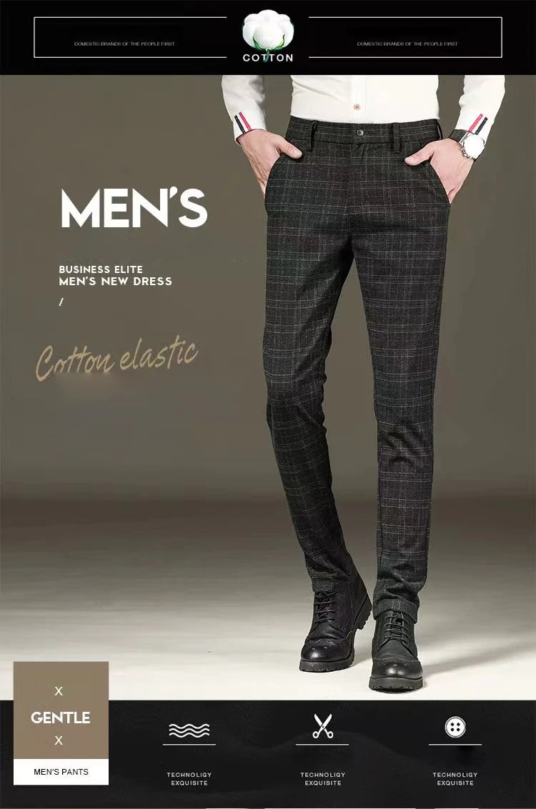 Fashion Black Grey Casual Trouses Mens Straight Fit Long Pants Striped Plaid Four Seasons High Quality Brand Business Trousers