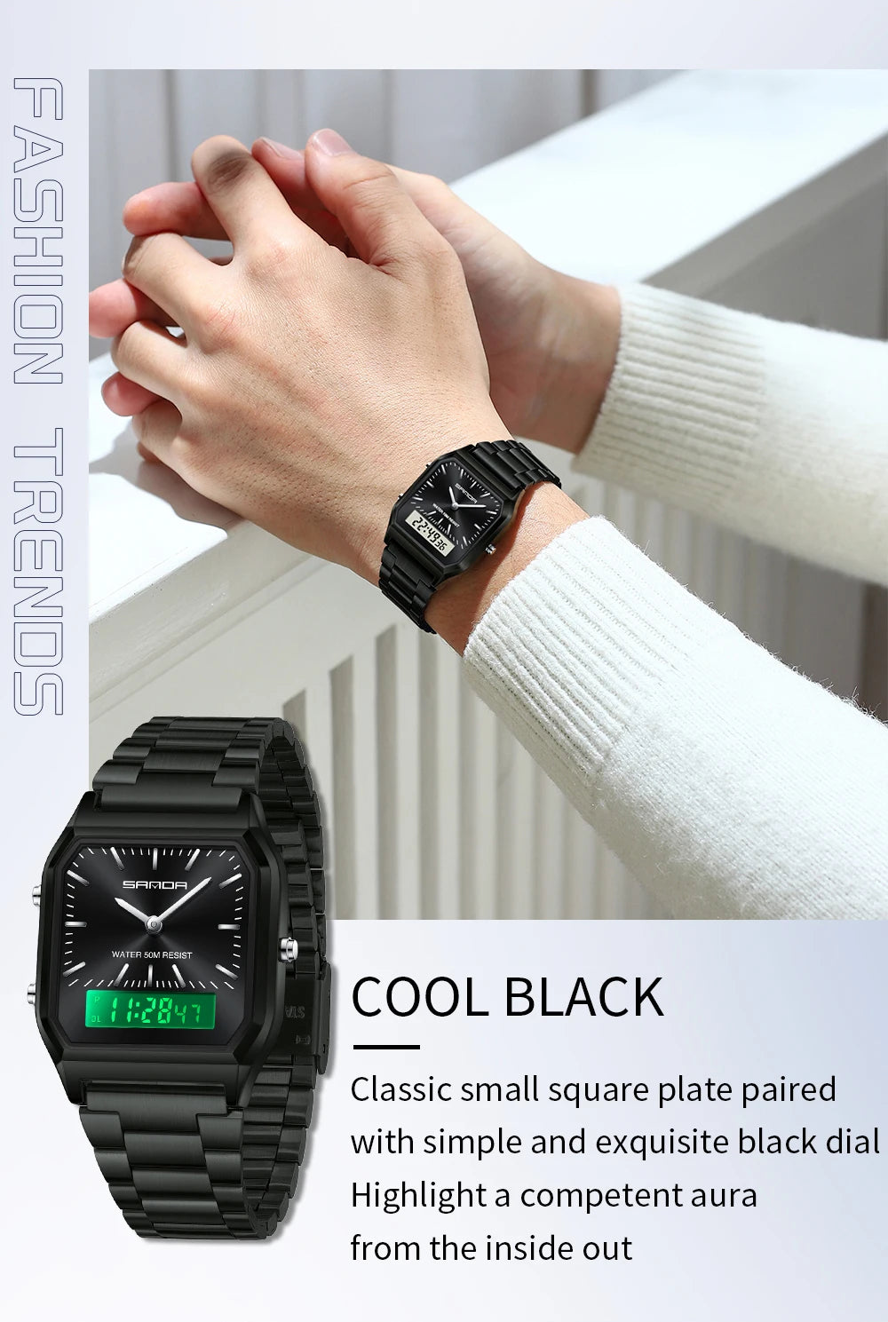 SANDA Men's and Women Watch Fashion Watches Business Style Alarm Clock Man Digital Wristwatch Square Dial Stainless Steel Strap