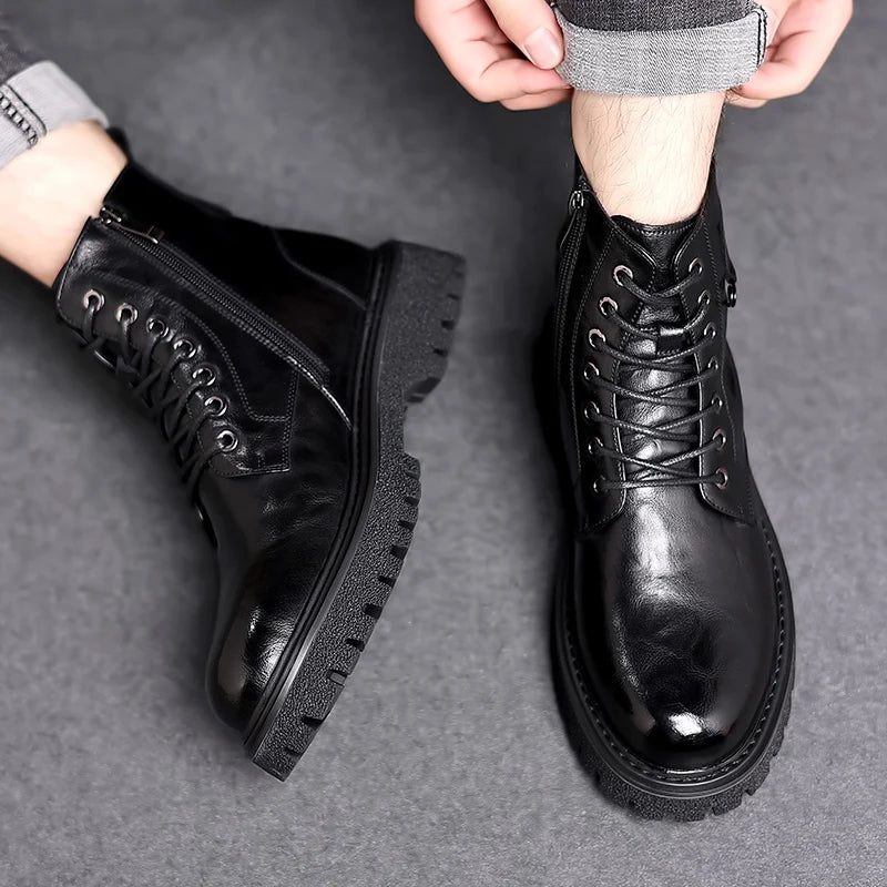 Luxury Brand Men Genuine Leather Stylish Ankle Boots Winter Classic Lace-up Antiskid Thick Bottom Boots Men Casual Leather Shoes