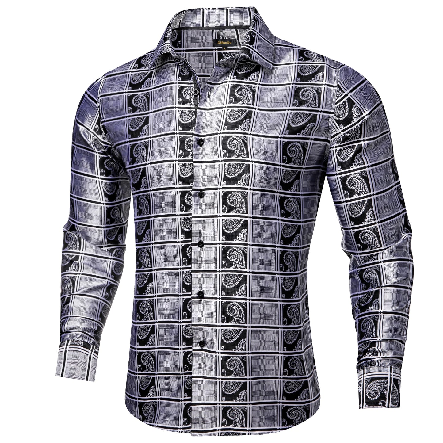 Luxury Purple Paisley Polyester Shirts for Men Long Sleeve Wedding Prom Men Clothing Button Down Collar Social Dress Shirt