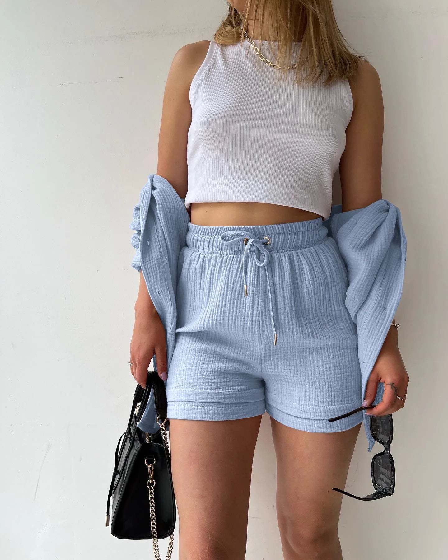 Casual Sleepwear 100% Cotton Pajamas For Women Sets Suit Turn-Down Collar Nine Quarter Sleeve Sleep Tops Shorts Female Homewear