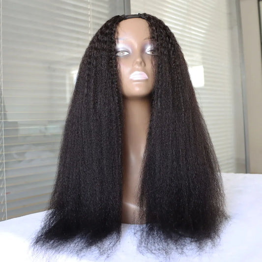 Jet Black #1 and #1B Virgin Remy Indian Human Hair Wig Kinky Straight Coarse Yaki 1x4' V/U Part Real Hair U Wig for Black Women