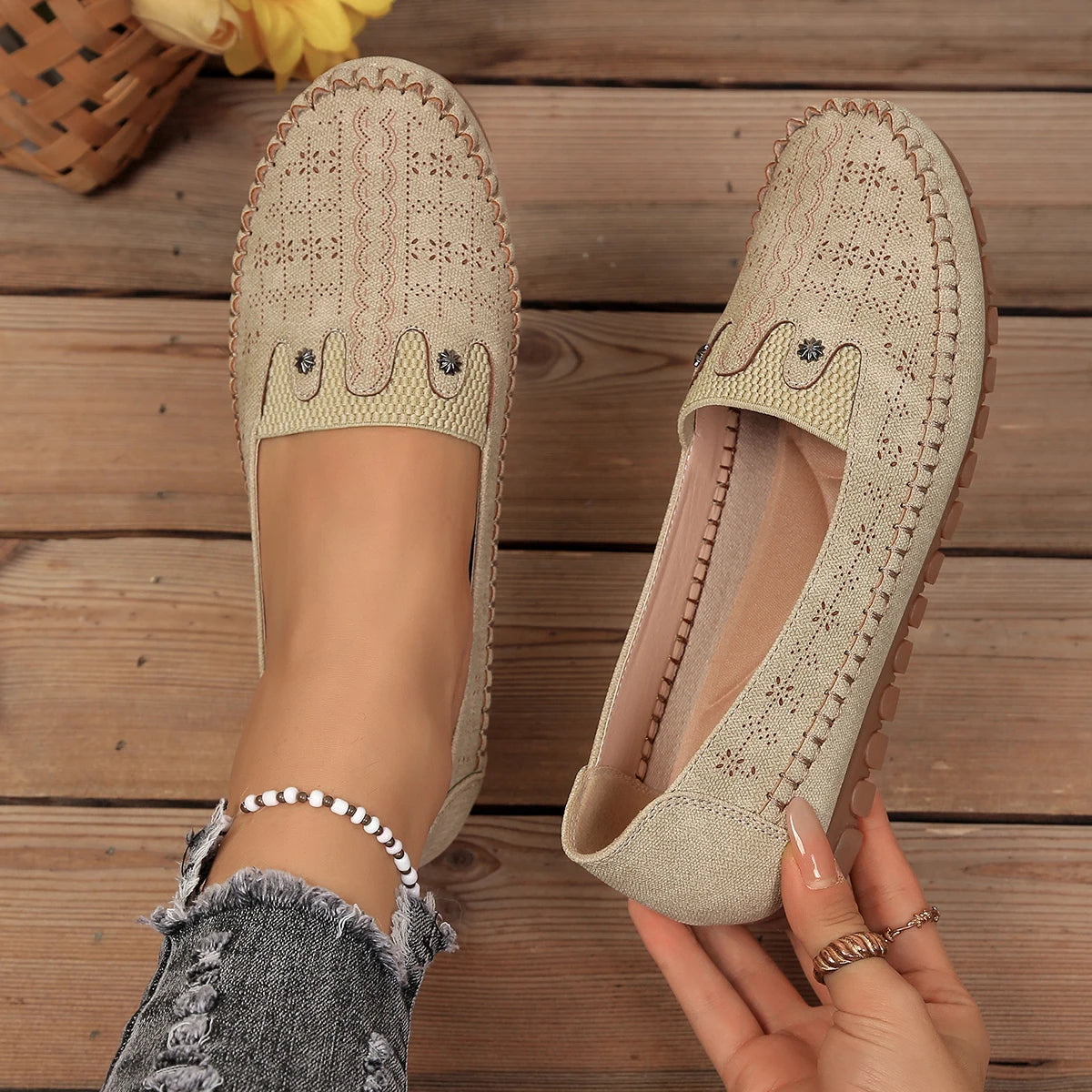 goreyodoly women loafers hollow floral design patchwork slip on flats breathable lightweight casual walking shoes soft non slip