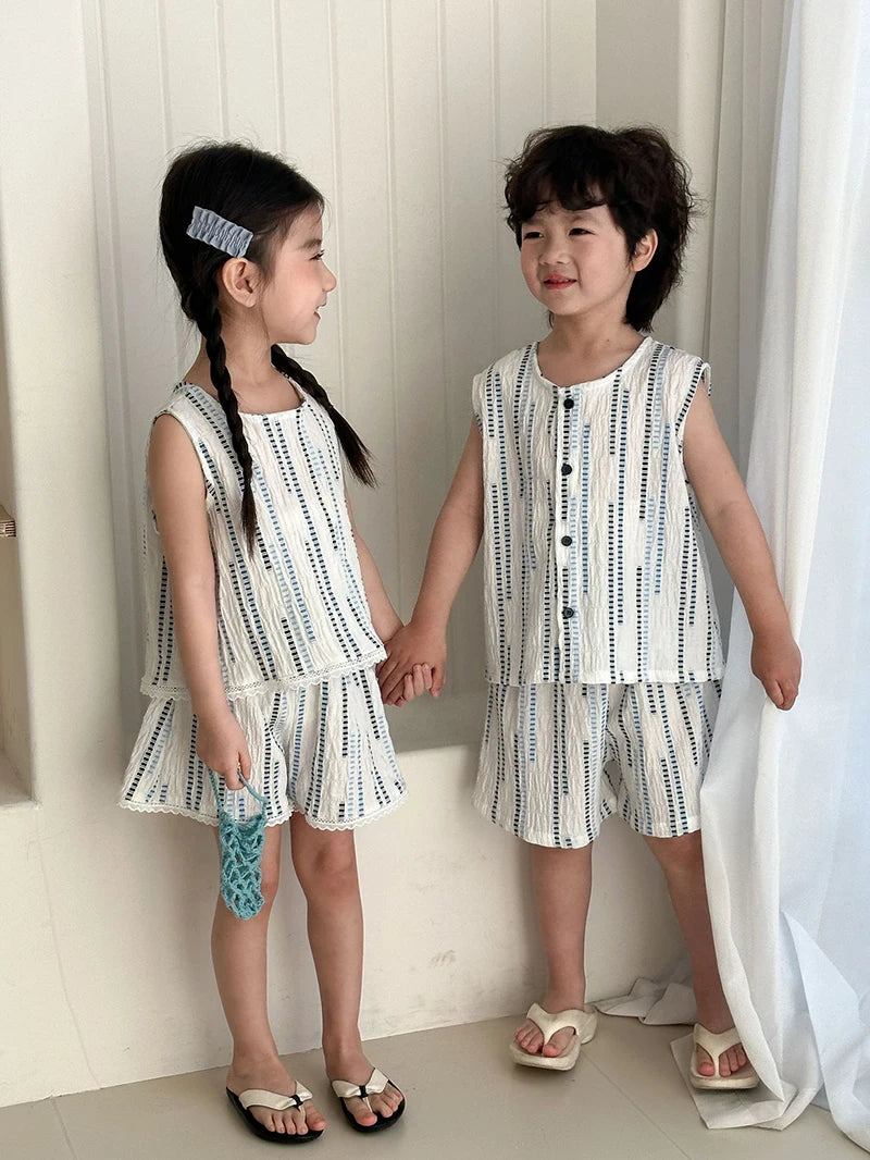 Summer Children's Vest Set Girls Lace Top Suit Kids Embroidered Striped Tank Top and Shorts 2Pcs Boys Casual Suit Sibling Outfit