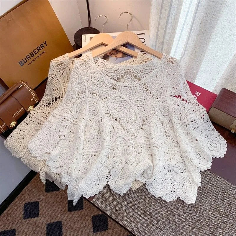 2024 Summr New Versatile Retro Sweet Lace Cut-out Crochet Shawl Cropped Top Summer Three Quarter-sleeve Hollow Out Top