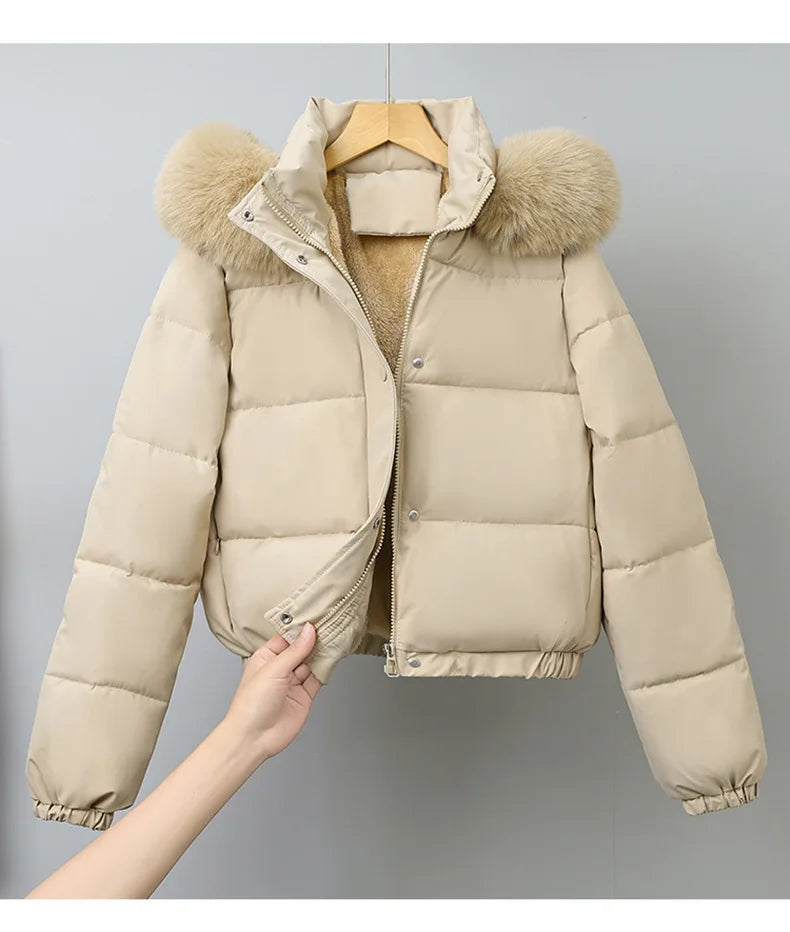 Short Coats Women Parkas Hooded Fur Collar Jackets Thick Warm Y2k Streetwear Elegant Jacket Work Coat Autumn Winter 2025