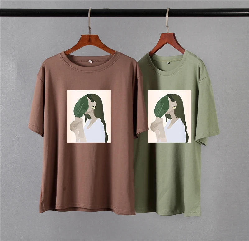 Hirsionsan Harajuku Printed T Shirt Women 2023 Summer Chic Tees 100% Cotton Elegant Graphic Clothes Loose Casual Pullover Tops