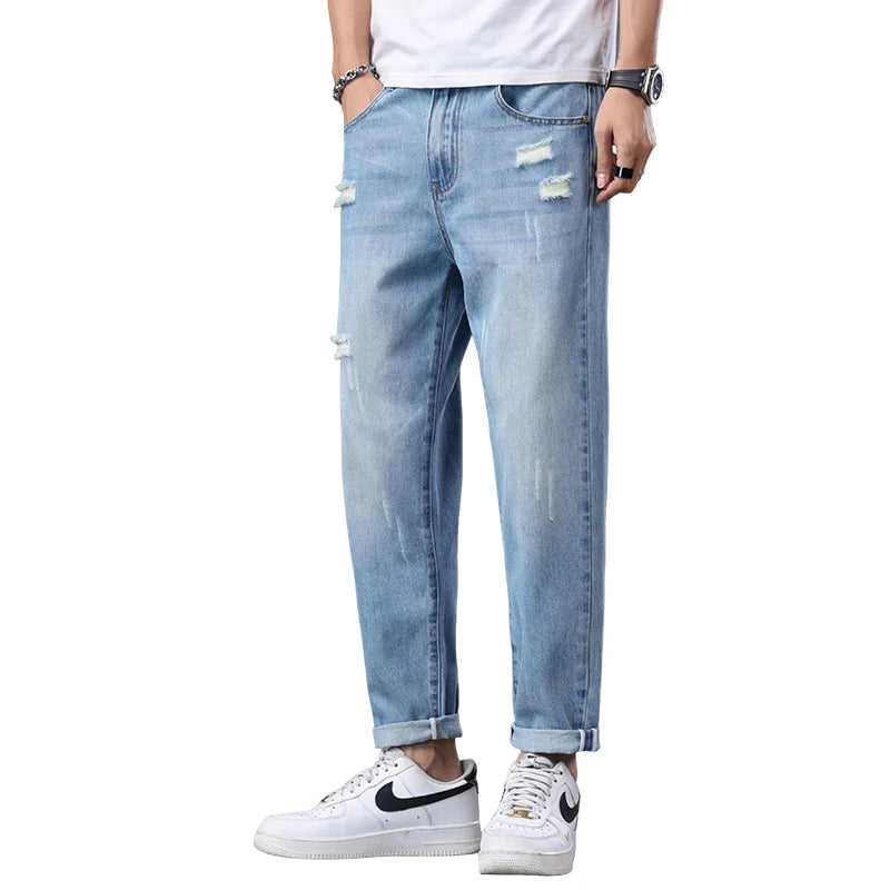 2026 Spring Summer Men's Ripped Jeans Cotton Trendy Straight Casual Denim Pants Trousers Outdoor Pastoral Outing