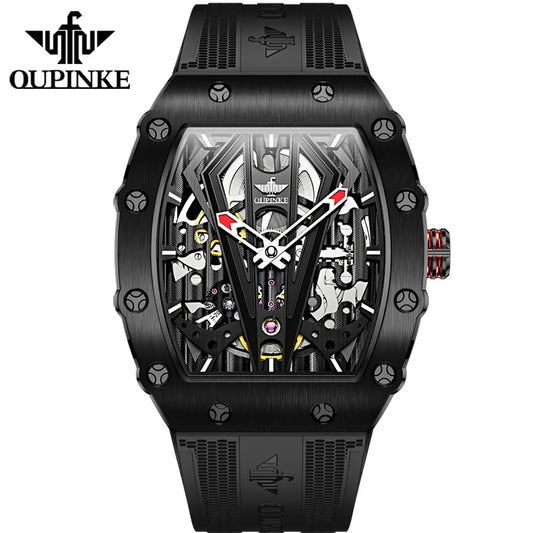 OUPINKE 3179 Automatic Watches for Man Silicone Strap Sapphire Mirror Waterproof Skeleton Tonneau Mechanical Men's Wristwatches