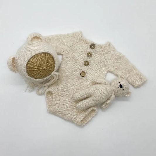 Newborn Photo Romper Bear Bonnet and Toy Set Baby Girls Boys Bear Costume with Hand-Knitted Dolls Newborn Photography Outfits