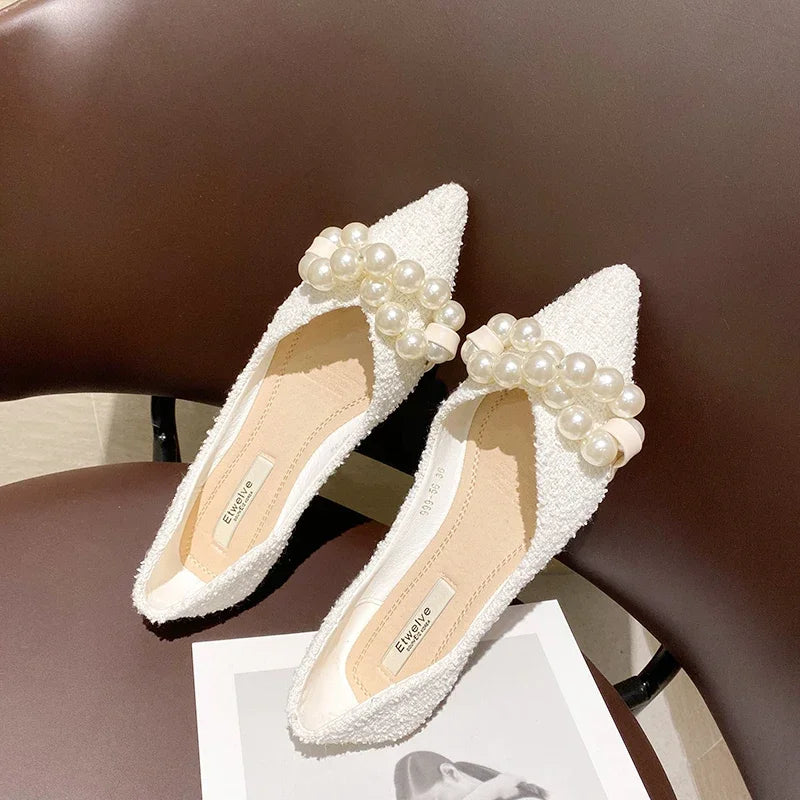 Flat Shoes for Women 2025 Spring Summer New Big Pearls Green White Women Flats Slip on Casual Loafers Zapatillas Mujer 44 45 46