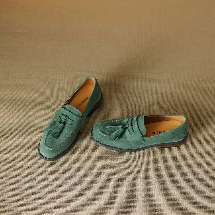 Women's loafers leather shoes Spring New Products Genuine leather sheepskin Nubuck Leather Black/Green/Orange Tassel decoration