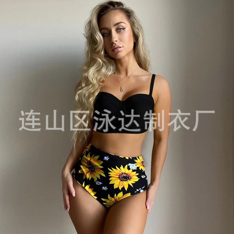 Sexy High-Waist Bikini Split Swimsuit Hard Baggy Two-Piece Swimming Suit Trendy Poolwear Beachwear Comfortable Supportive