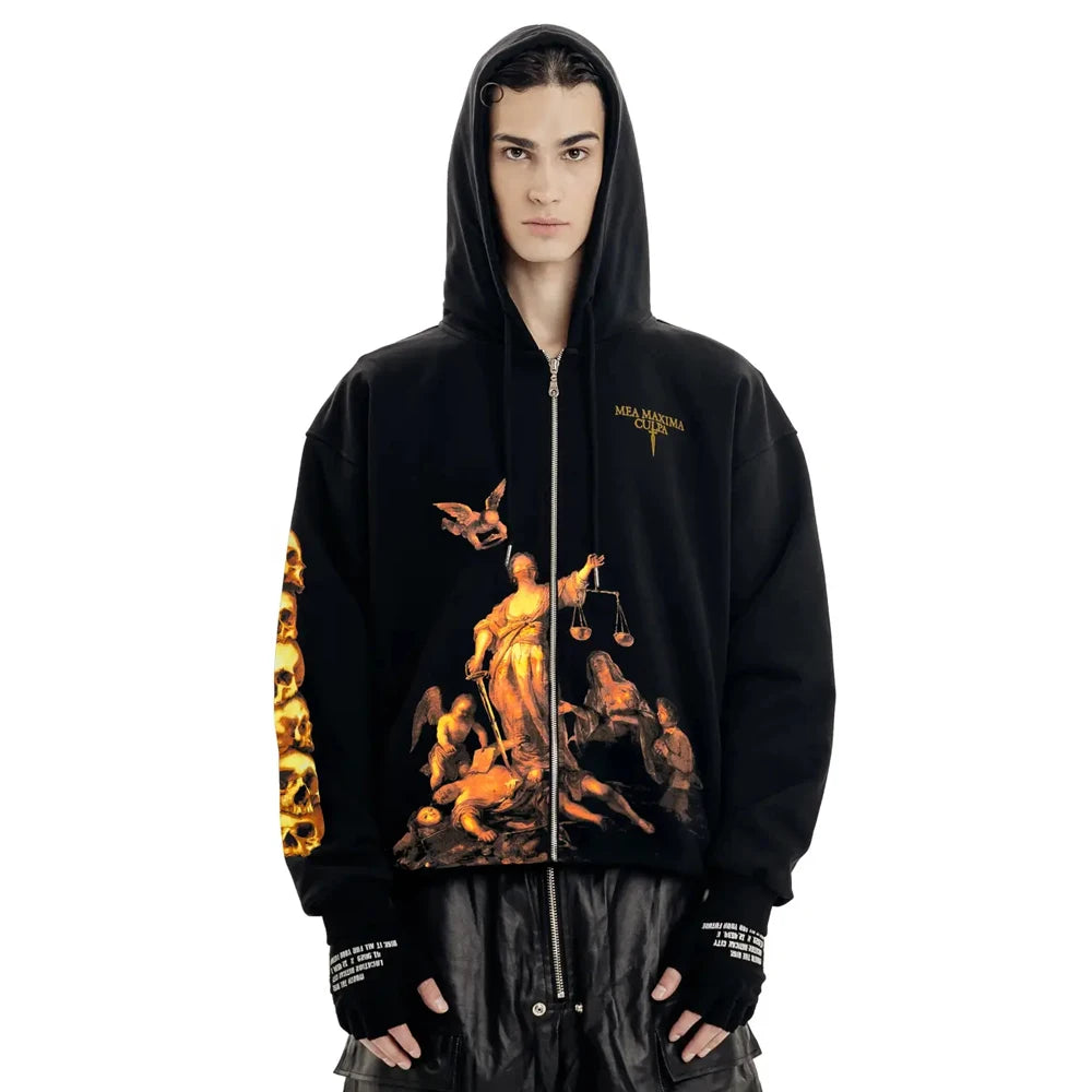 Streetwear Men Zipper Hoodie justice Graphic Print Zip Hooded Pullover Sweatshirt Hip Hop Jacket Y2K Coat Clothing Goth Top Punk