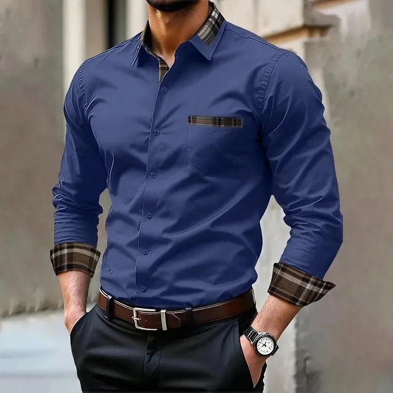 Men's pocket casual formal shirt, available in 12 colors, stylish and comfortable long sleeved shirt, suitable for weddings and