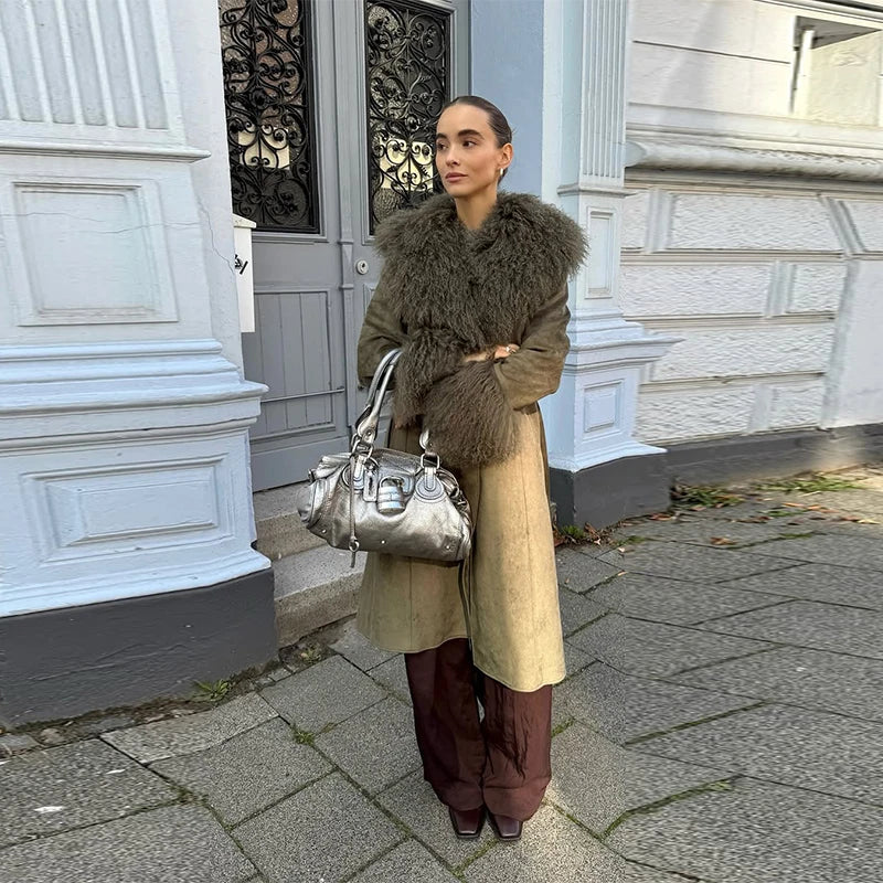 Vintage Patchwork Women's Faux Fur Trim Coat Urban Lapel Full Sleeve Female Jacket Female 2026 Autumn Winter Lady Streetwear New