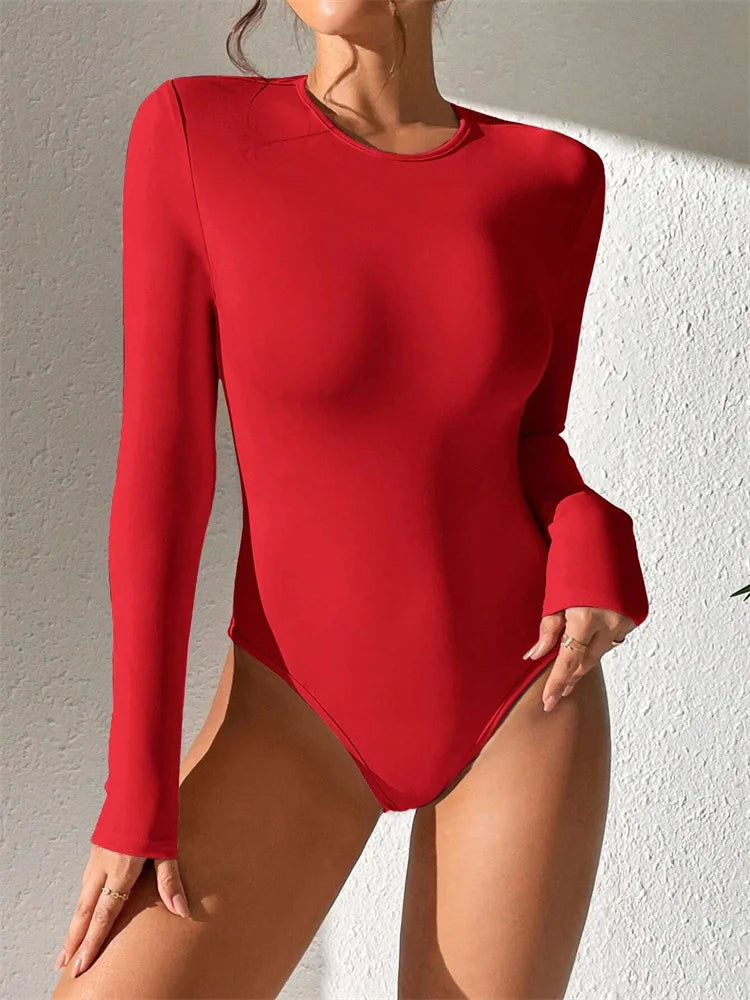 Women Basic Long Sleeve Round Neck Blouse Bodysuit Autumn Winter Casual Solid Color Slim Fit Bodycon Jumpsuit Streetwear