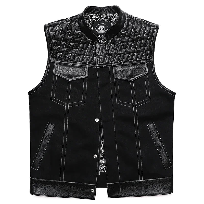 SOA Club Style Motorcycle Leather Vest Men Cowhide Denim Patchwork Waistcoat Sons of Anarchy Biker Vests Man Sleeveless Jacket