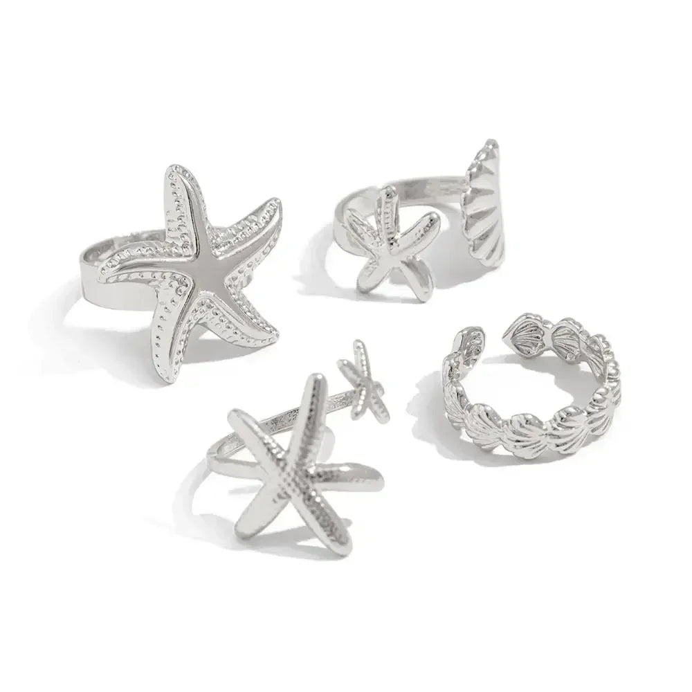 Starfish Scallop Adjustable Open Rings Gold Geometric Design Rings for Women Vacation Style Irregular Beach Jewelry Accessories