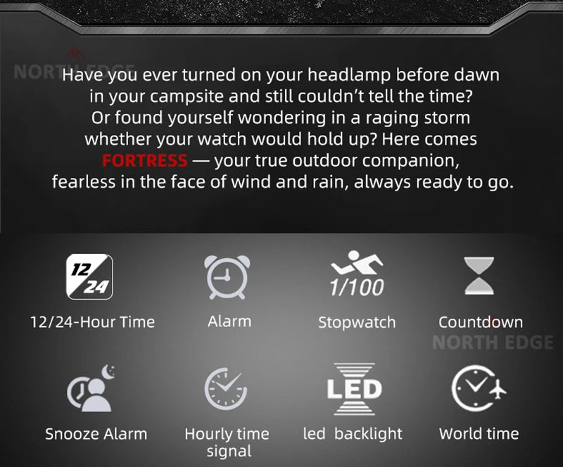 NORTH EDGE FORTRESS 2026 Men's Military Digital Watch Outdoor Sports Waterproof 50M Watches World Time Countdown LED Wristwatch
