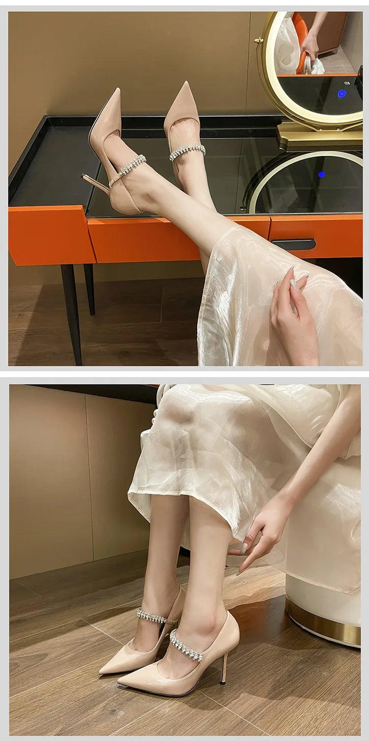 Spring 2025 New French Rhinestone Pointed White High Heels Temperament Patent Leather Shoes Women Wedding Pumps