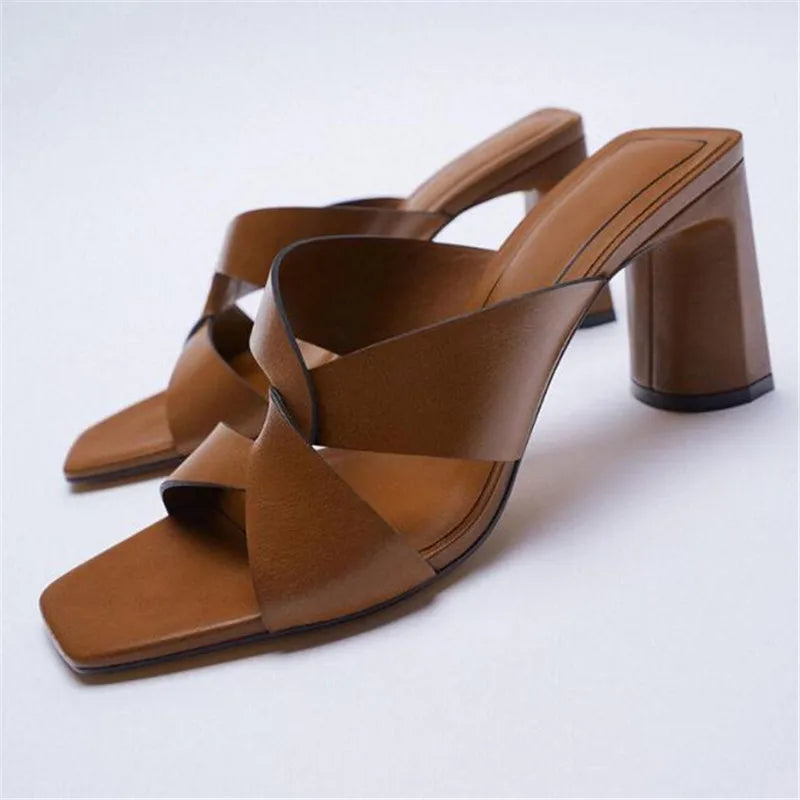 Summer new women's shoes brown black thick-heeled cow leather sandals square toe cross with open toe back high heels slippers