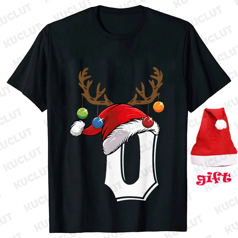 Funny Christmas Party Tshirt Fashion Women T Shirt Tops Short Sleeves T-shirt 26 A~Z Alphabet Casual Tees with Santa Hat Gift