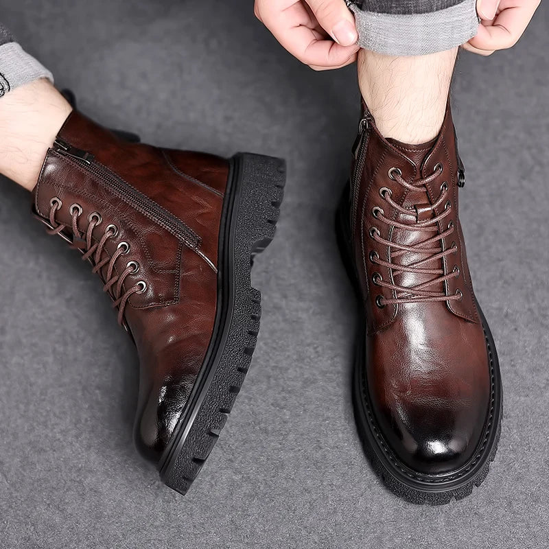 Luxury Brand Men Genuine Leather Stylish Ankle Boots Winter Classic Lace-up Antiskid Thick Bottom Boots Men Casual Leather Shoes