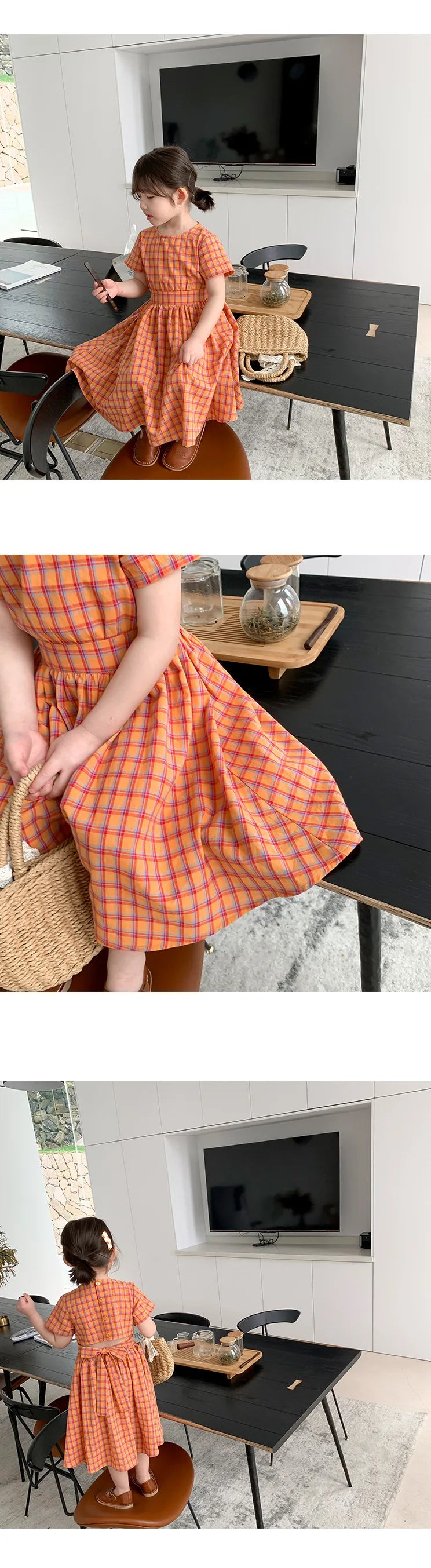 Summer Casual Baby and Girls Cotton Plaid Single-Breasted Short-Sleeved Lace Up Back Dress Kids Lovely Outfit Clothing 2-8 Years