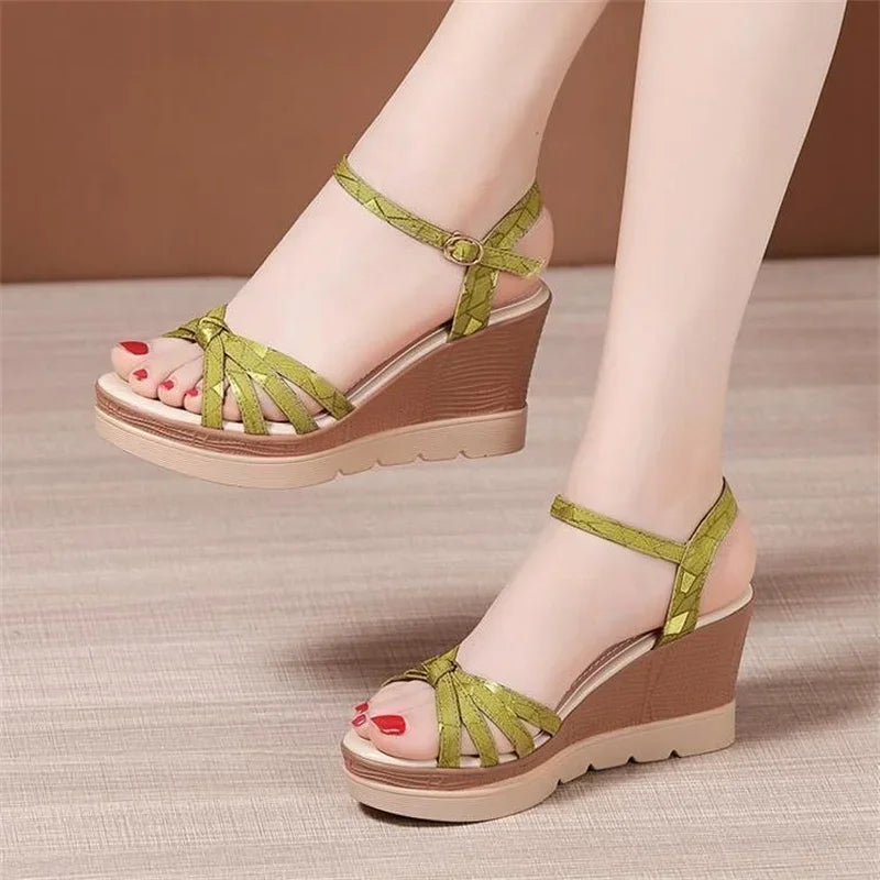 Hot Sale Thick Sole Leather Casual Platform Sandals Women Summer 2026 High Heels Wedges Shoes for Office Beach Mother