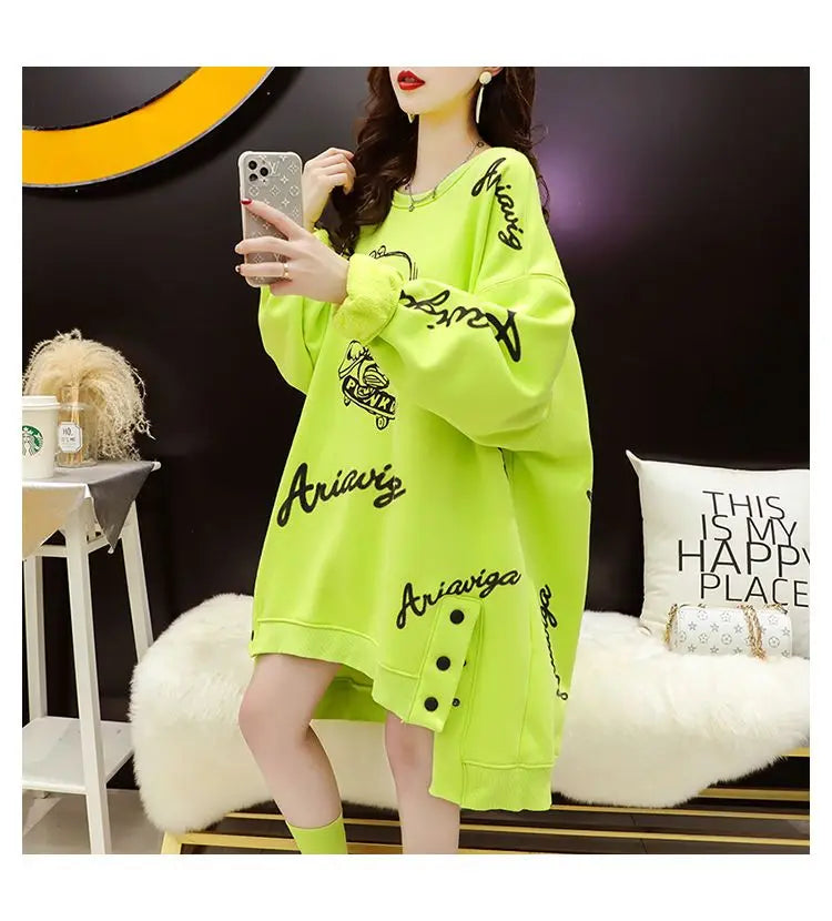 Spring Autumn Y2K Harajuku Printed Sweatshirts Women Round Neck Long Sleeve Mid-length Pullovers Korean Button Asymmetrical Tops