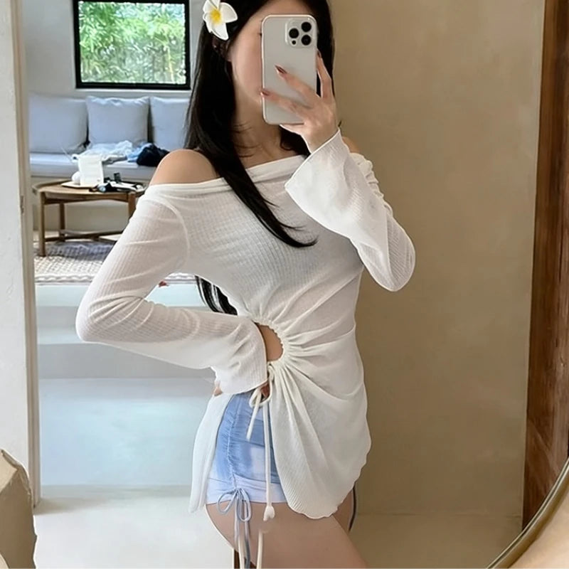 Women's 3-Piece Bikini Set White Off-Shoulder Long Sleeve Cover Up Blue Ombre Tie Side Shorts Summer Beach Bathing Suit Swimwear