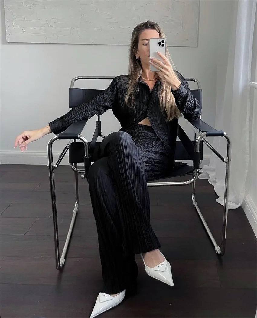 New Two Piece Set Women Outfits Pleated Women's Elegant  Drape Loose Sets Shirt High Waist Trousers Female Suit Fashion Casual