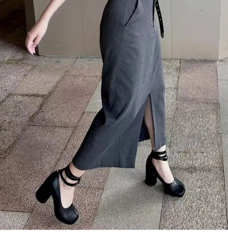 Ins style Vintage Soft Leather Split Toe Tabi Women Pumps Fashion Ankle Strap Thick High heels Spring Autumn Casual Chunky Shoes