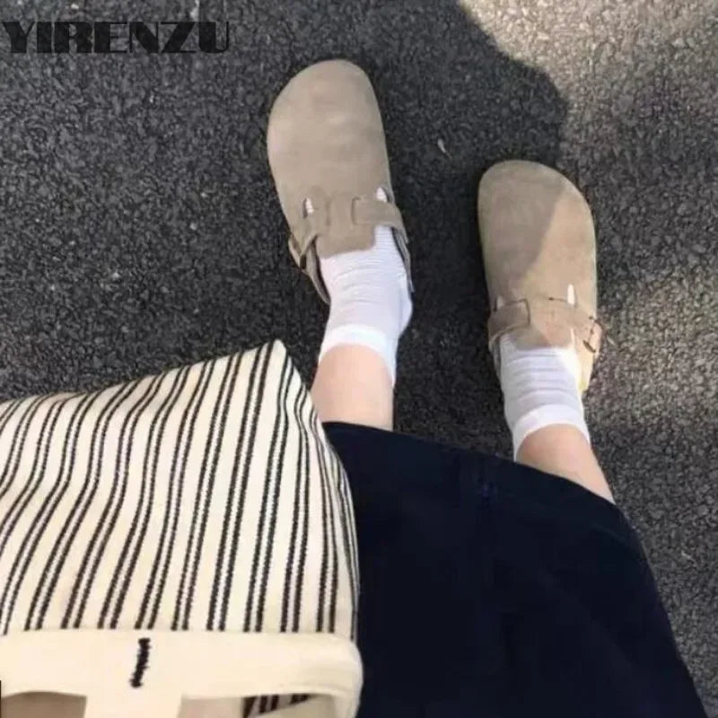 Summer Retro Birken Style Brown Faux Suede Flat Slippers Fashion Round Toe Platform Mules Outdoor Woman Soft Sole Cork Slides