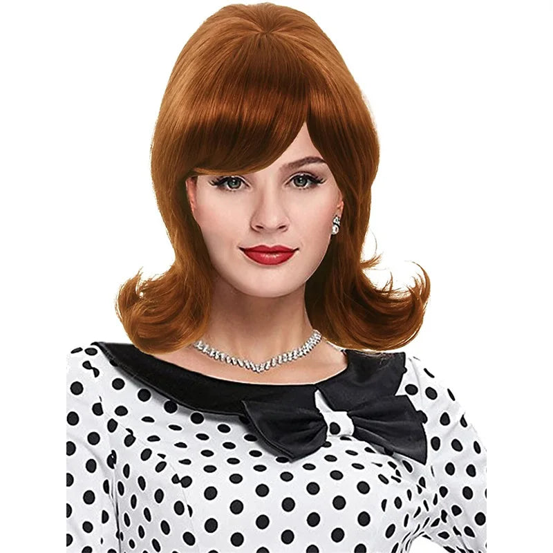 Synthetic  A 14-inch black vintage period women's short straight wig with flat bangs is perfect for everyday holiday parties