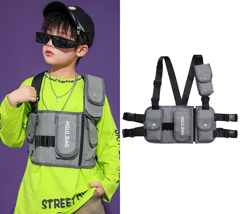 Boys Hip Hop Cool Vest Girls Cargo Pant Outfit Child Sweatshirt Chest Bag Joggers Street Dance Kids Streetwear Costume Sportwear