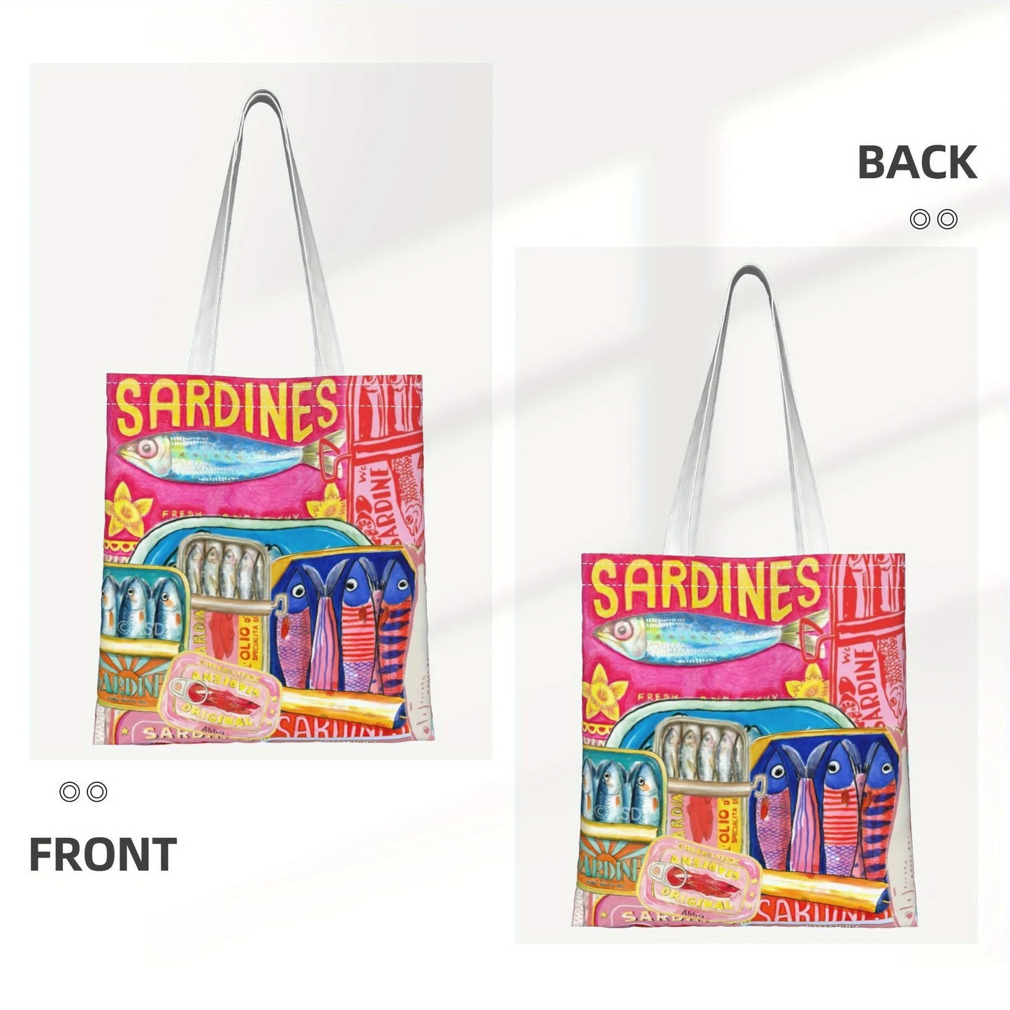 Women's Sardines in Pure Olive Oil Tote Bag Reusable Shopping Bag with Shoulder Straps Vibrant Pink & Red Fish Print Grocery Bag